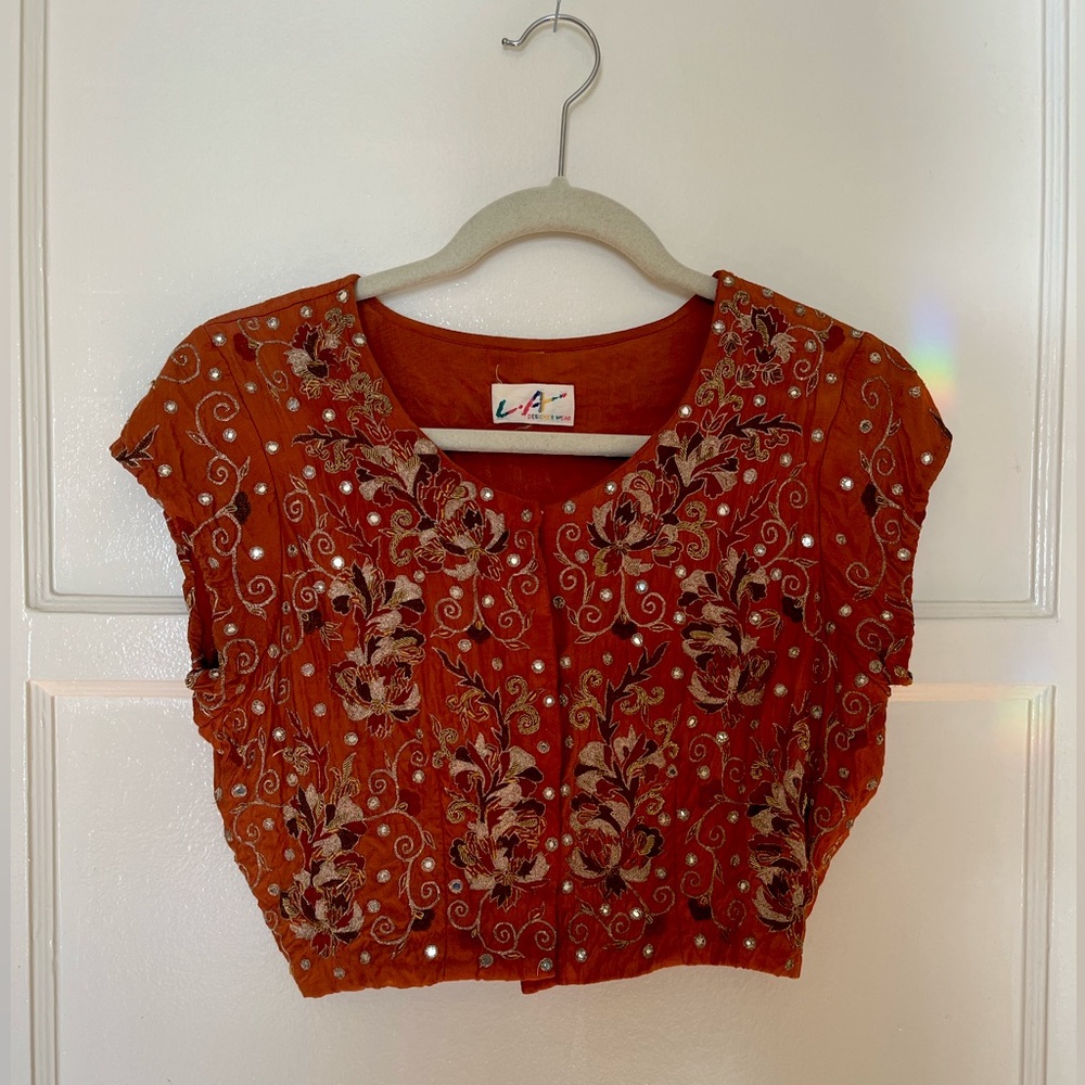 Vintage mirrored embroidered crop top unique piece XS S